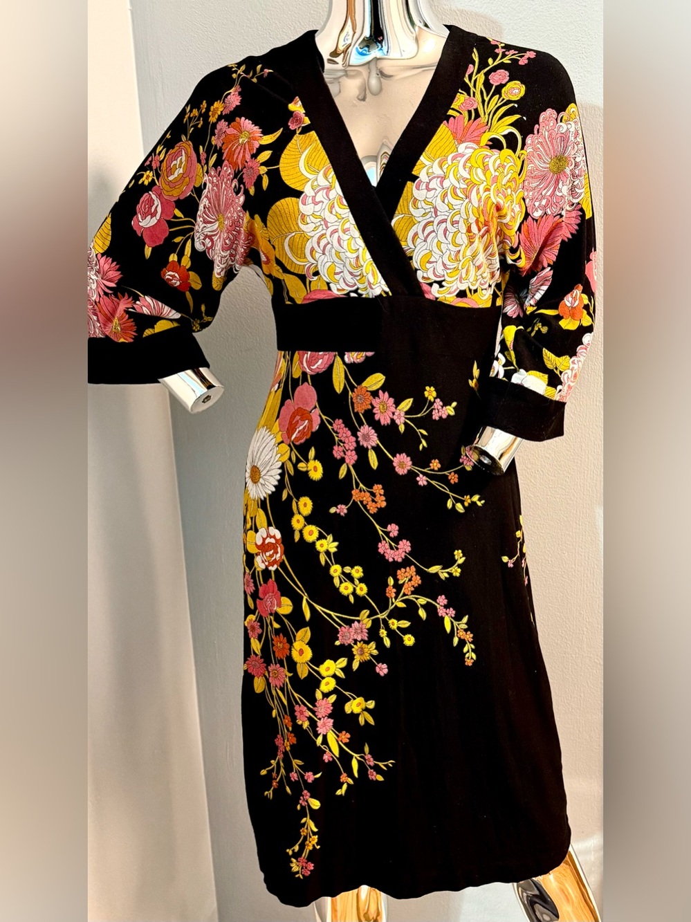 David Meister Black Midi Dress with Pink & Yellow Floral Print